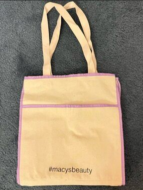 Macy’s Beauty Purple Beige Medium Canvas Pockets Beach Tote Bag